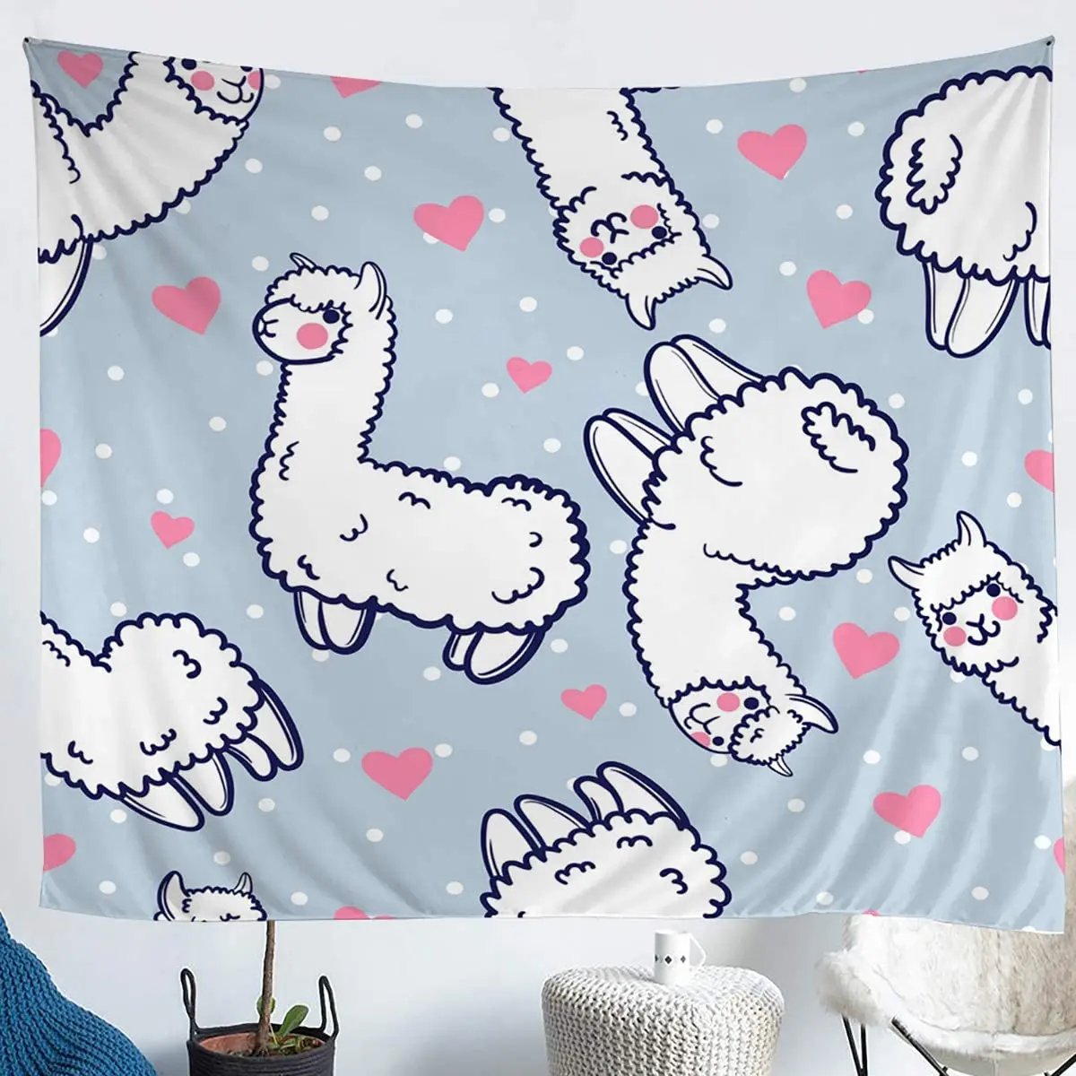 

Erosebridal Alpaca Tapestry Cute Animal Print Tapestries Small for Kids Boys Girls Love Heart Bedding Throw Blanket White Dots
