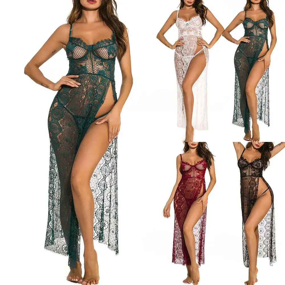

Женское сексуальное кружевное ночное белье, длинное платье, женское платье-комбинация, однотонная одежда для сна, Комплект трусиков, прозра...