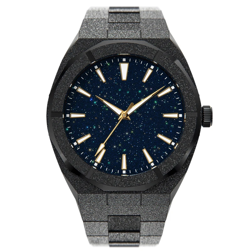 Wholesale Men Fashion Frosted Star Dust Watch Stainless Steel Black Quartz Analog Wrist Watch for Men