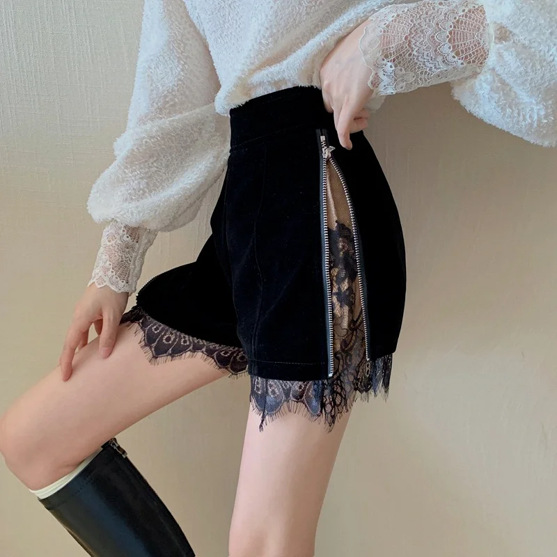 Fashion Sexy Lace High-waist Straight-leg Shorts Female Stitching Gold Velvet Shorts Adjustable Slim Boot Shorts Woman Clothing