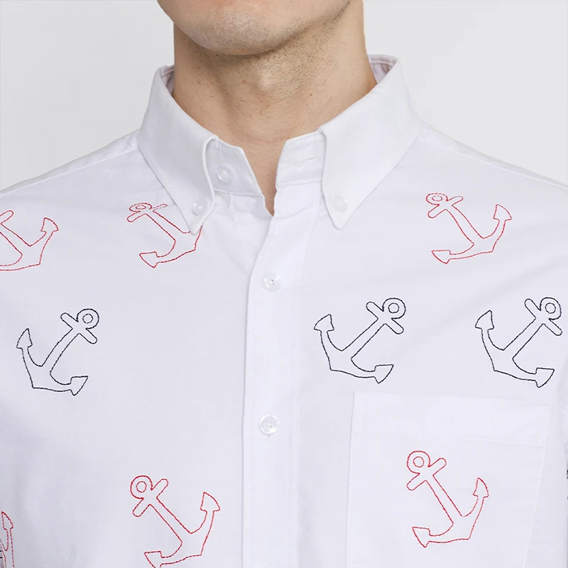 TB THOM Men's Shirt Clothing Solid White Top Fashion Brand Anchor Embroidery Slim Casual Fine Cotton Long Sleeve Women's Shirts