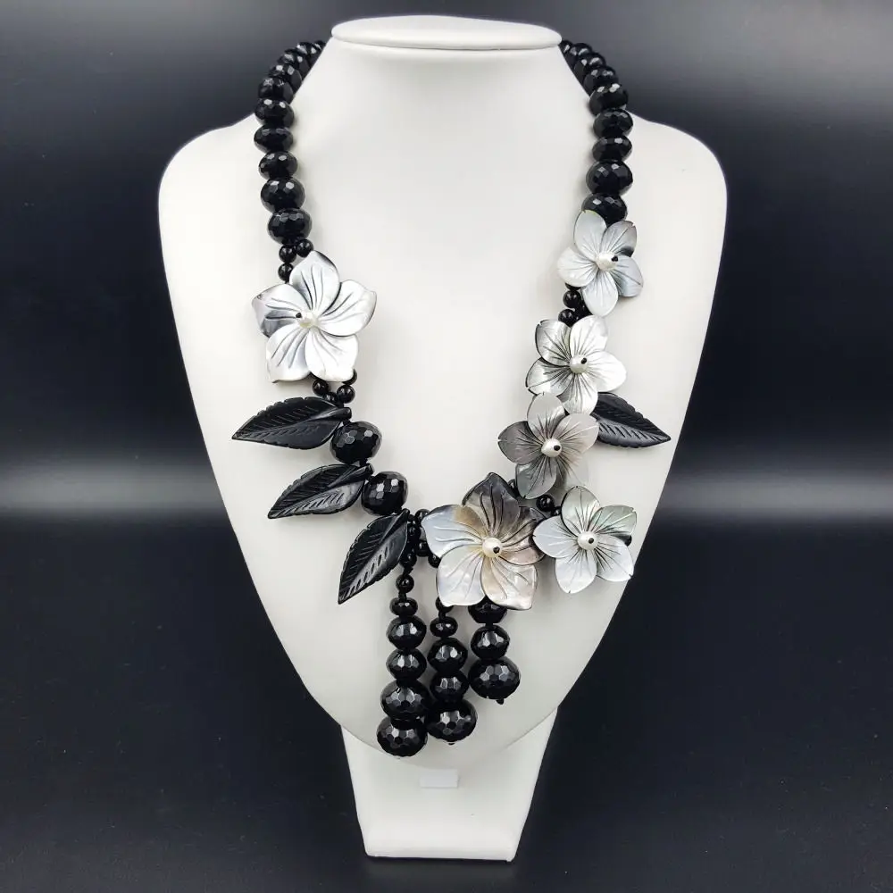 NEW Natural Stone Black Quartz stone ,Freshwater Pearl Shell Flowers Necklace 20inch