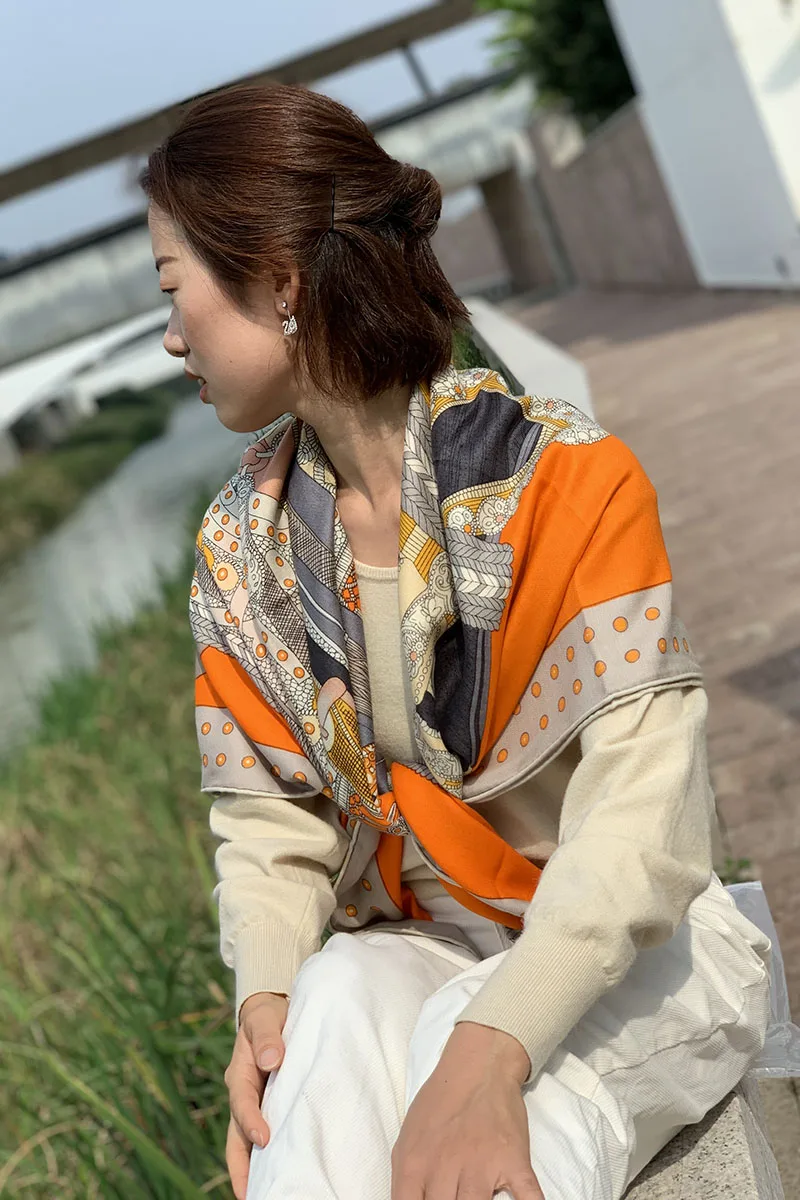 Женский зимний шарф седло из оранжевой шерсти Пашмина большой квадратный 140 см