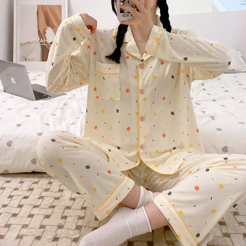Yasuk Spring Autumn Fashion Women's Casual Soft Milk Silk Sleepwear Homewear Pajamas Set With Pants Color Dots Print Cute Girl