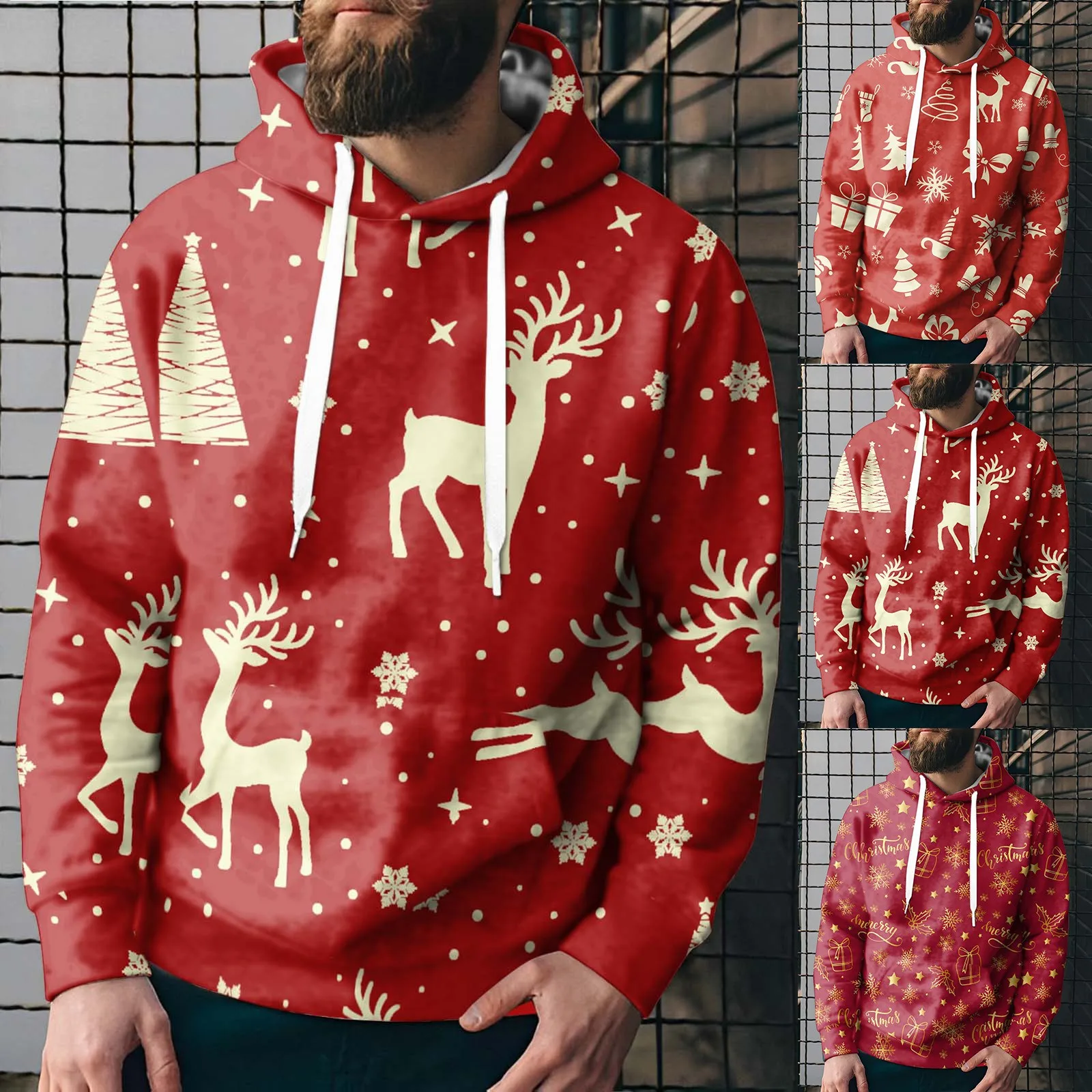 

Christmas Moose Print Men's Red Hooded Sweatshirts Funny Pattern Jacket Coat Spring Autumn Street Trend Men Oversized Pullovers