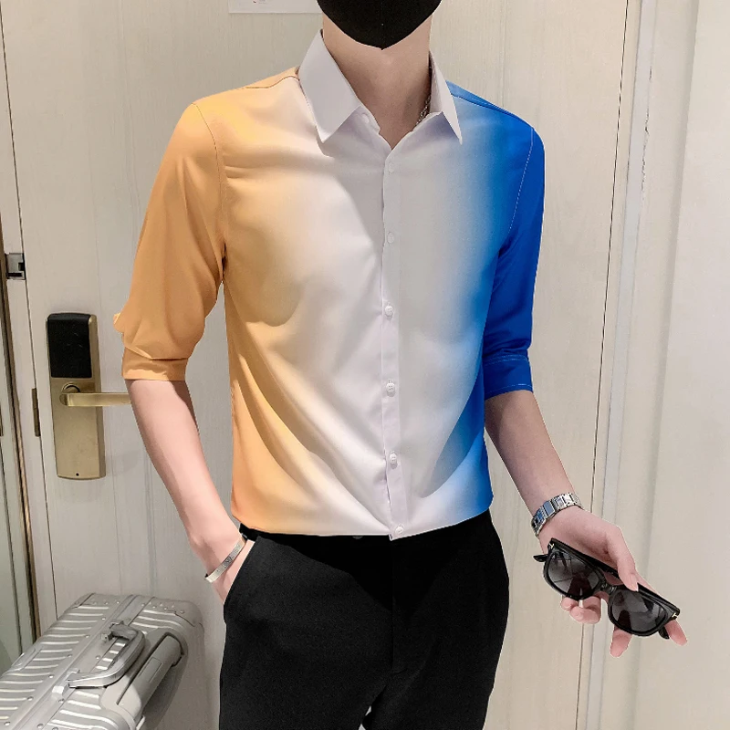 Рубашка мужская с коротким рукавом блуза квадратным вырезом облегающая сорочка