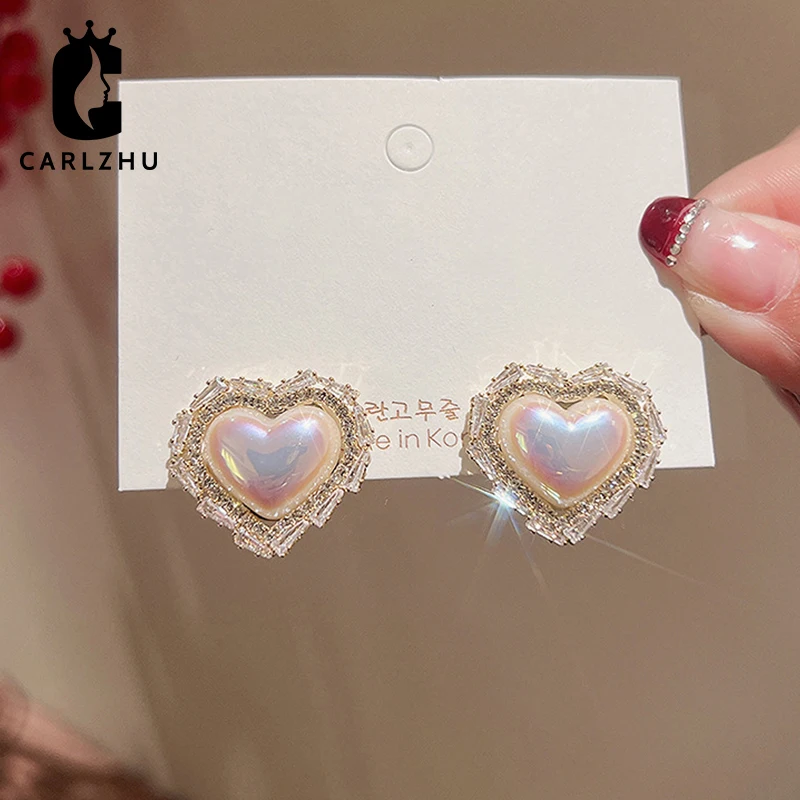 

Romantic Sweet Rhinestone Pearl Heart-shaped Stud Earrings Elegant Simple Party Exquisite Jewelry For Woman Girls Gift