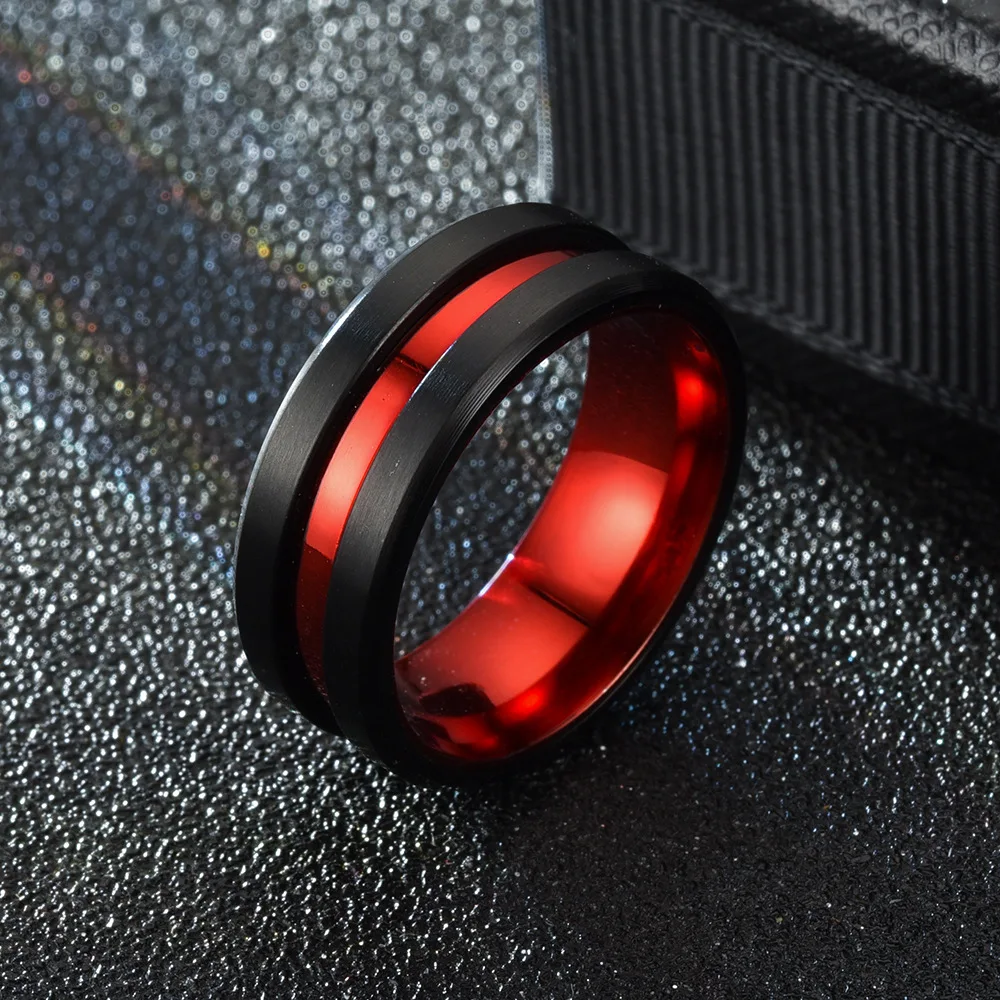 

Fashion 8MM Men's Stainless Steel Rings Red Groove Beveled Edge Wedding Engagement Ring Men's Anniversary Jewelry Gifts
