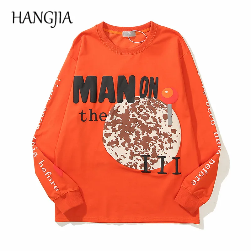

Bieber Orange Man on The Moon Foaming Print Sweatshirt Pullover Men Vintage Kanye West Hip Hop Pullover Hoodies Men Streetwear