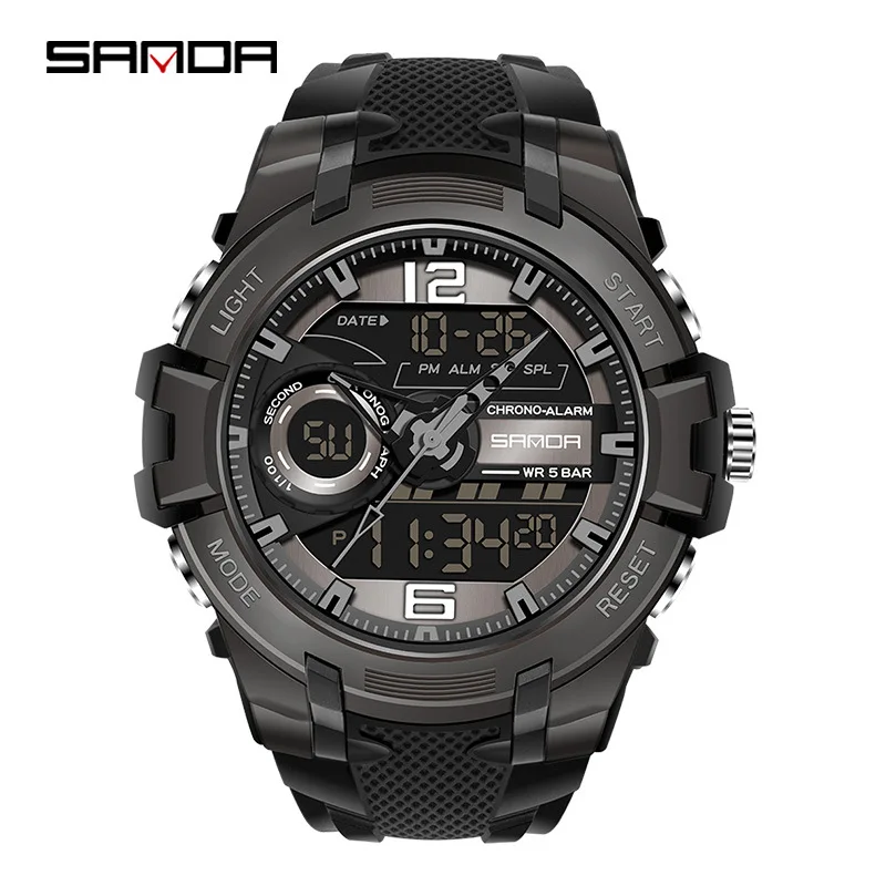 SANDA 6015 Спортивные кварцевые часы для мужчин, электронные цифровые наручные часы с двойным LED-дисплеем, водонепроницаемые, ударопрочные, в стиле милитари (art.: 3920dc5c10a6b) - 3920dc5c10a6b