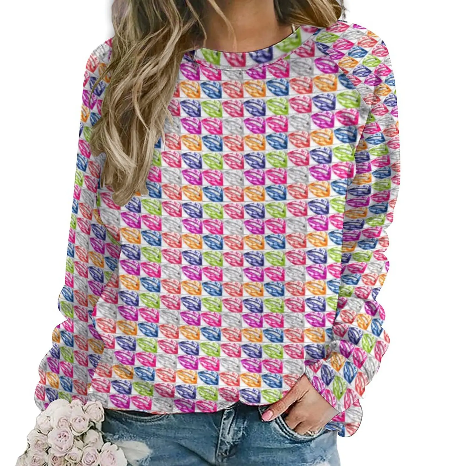 

Худи с принтом губ в стиле поп-арт, Женская разноцветная Повседневная Толстовка в стиле Харадзюку, весенние свитшоты с длинным рукавом и милым рисунком, большие размеры