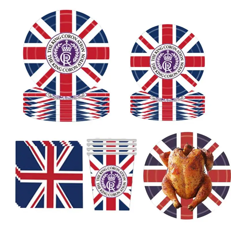 

King Charles Coronation Tableware Set Union Jack Paper Plates Cups Napkins Kit Bunting King Charles III Coronation Party