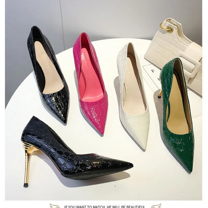

FHANCHU 2022 New Women Pumps,Spring Thin High Heels,Pointed Toe Single Shoes,Stone Pattern.Slip On,Beige,Black,Rosy,Dropship