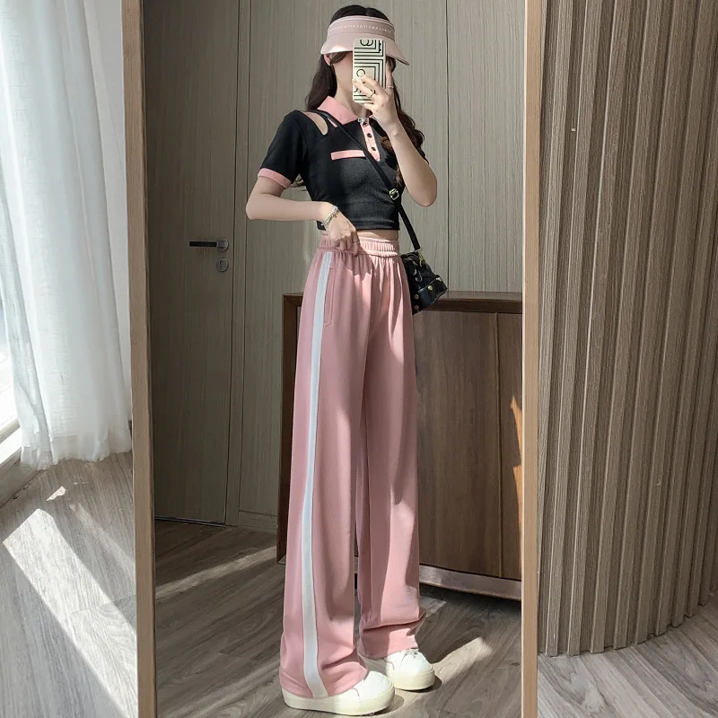 

Женские летние шелковые тонкие спортивные брюки, модные повседневные свободные прямые широкие брюки в Корейском стиле, Y2K