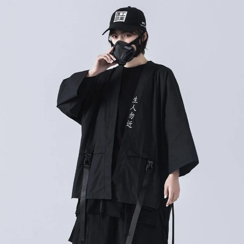

Japanese Harajuku Fashion Women Thin Taoist Robe Casual Half Sleeve Cardigan Shirts Summer Classic Black Unisex Clothing Ribbons