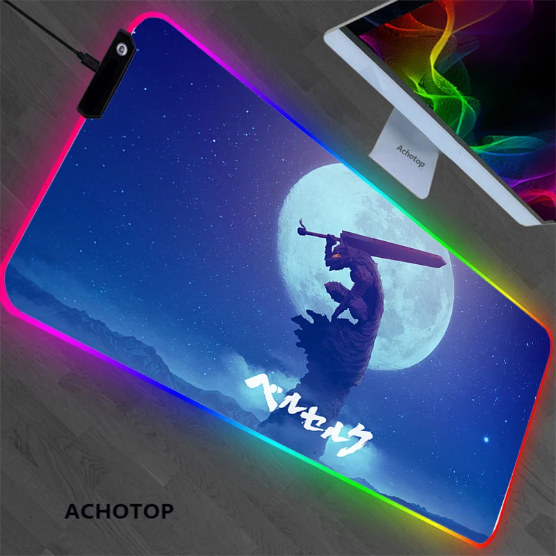 

Blue Mouse Pad LED Anime Desk Mat Gamer PC RGB Berserk sword mouse rug Computer XXL Keyboard Carpet Gaming Accessorie mousepad