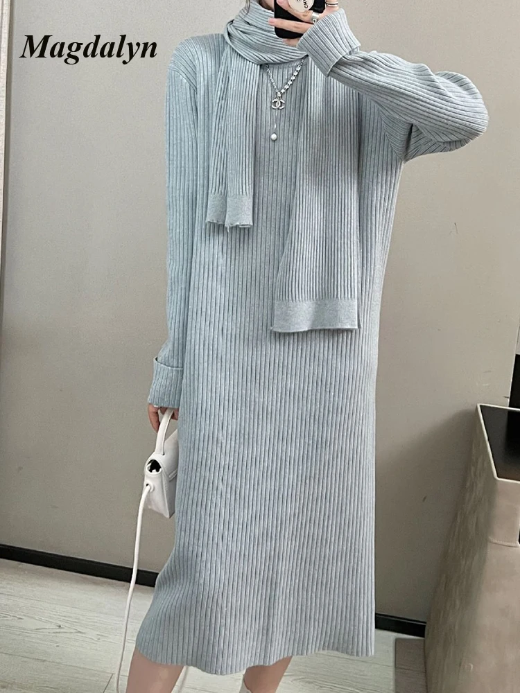 

Magdalyn женский зимний шарф свитер платье теплые с длинными рукавами Ins элегантные осенние базовые Платья повседневные осенние облегающие вязаные платья