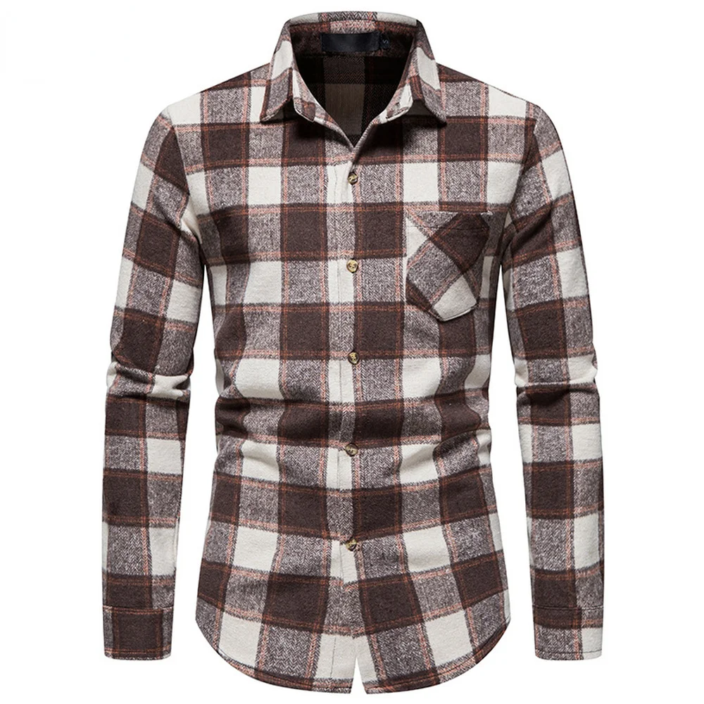 

New US Size Men's Trend Thick Warm Woolen Flannel Casual Long-sleeved Shirt Western Denim Shirt Slim Fit Social Dress Lattice