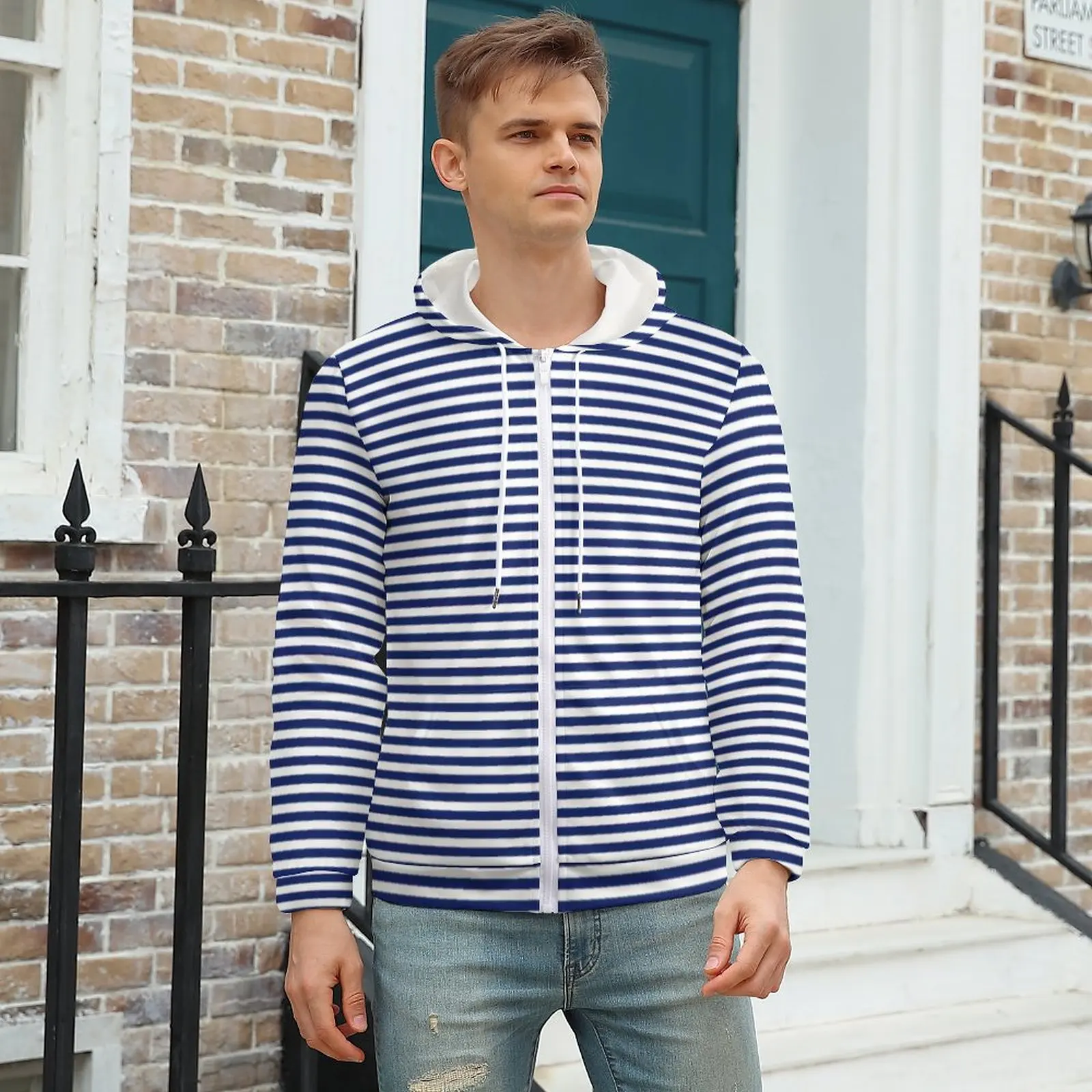

Navy Blue And White Line Hoodies Stripe Pattern Polyester Zip Up Hoodie Outdoor Autumn Hoodie Oversized