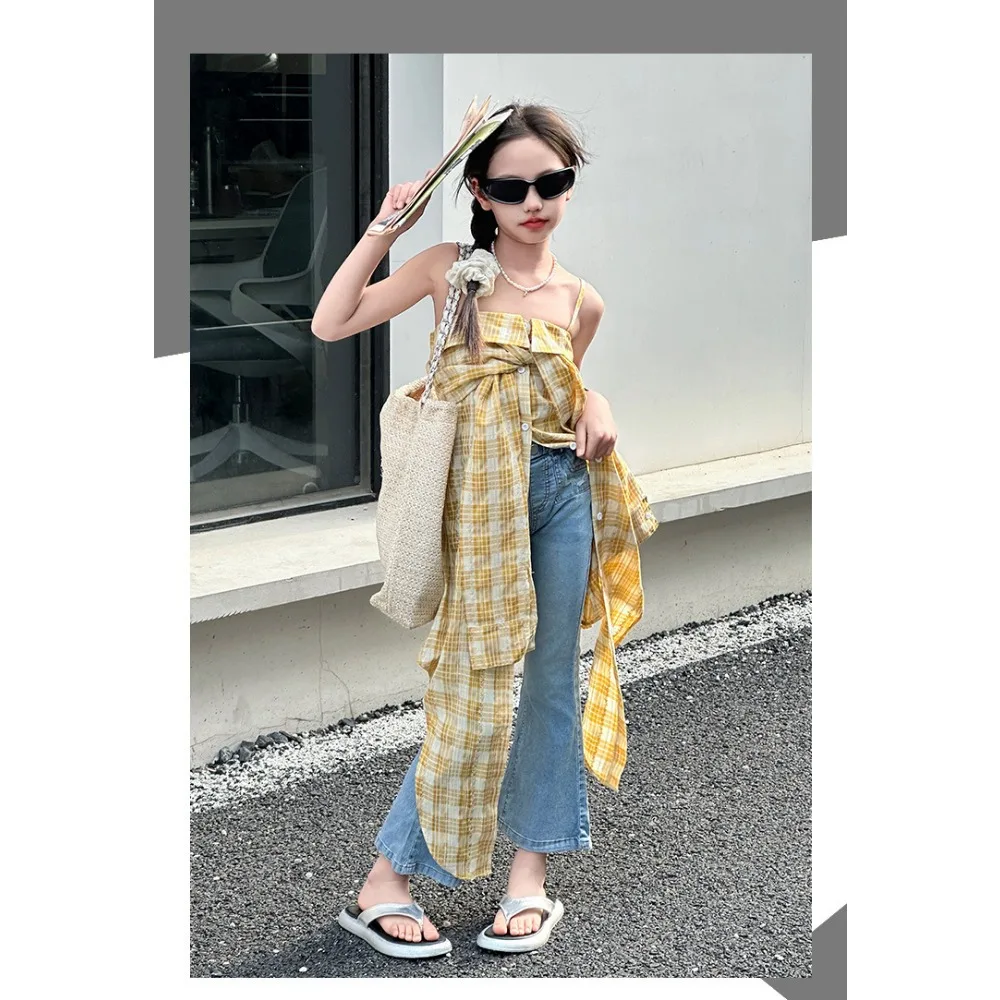 Платье для девочек в Корейском стиле Новинка лета 2024 клетчатый сарафан без