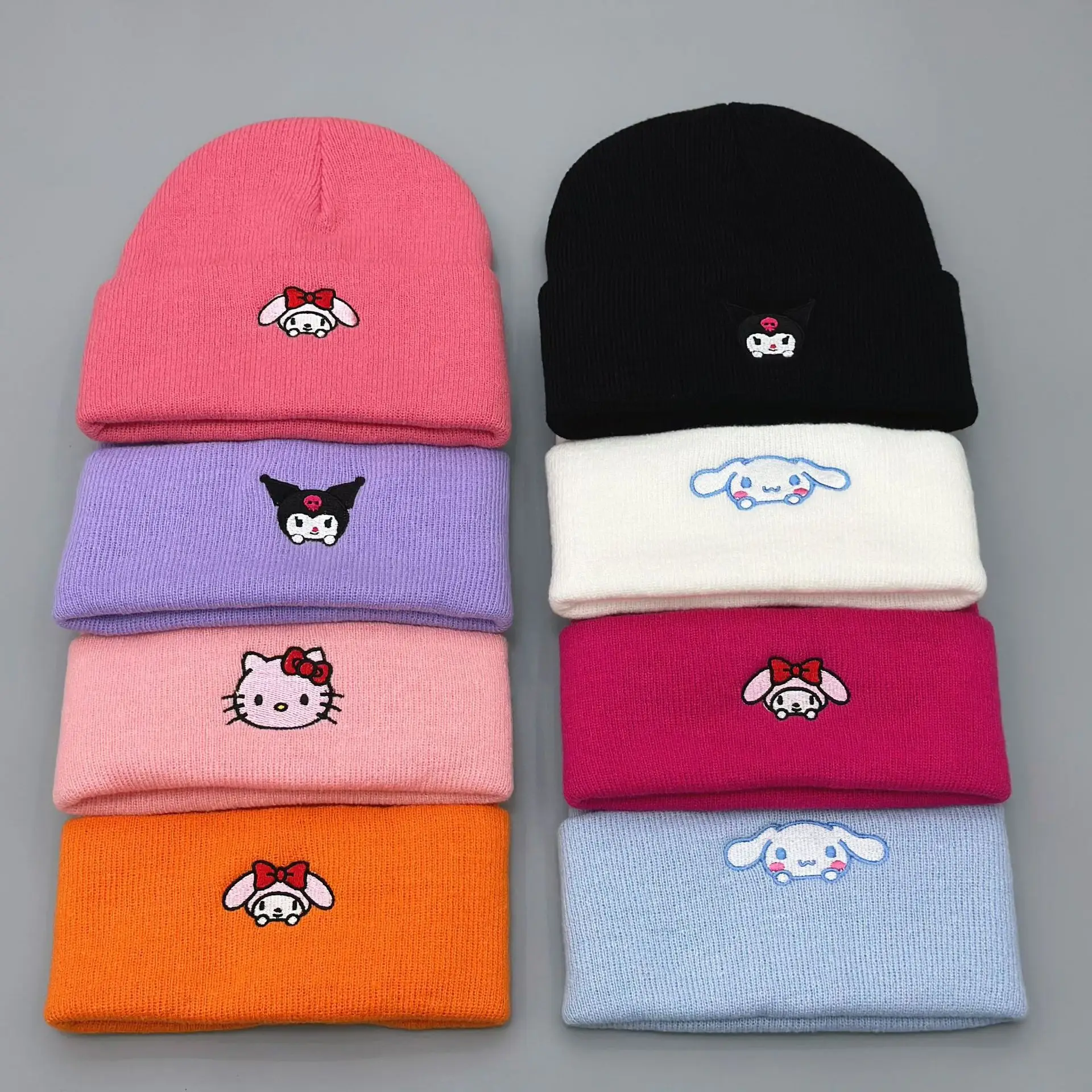Осенне-зимняя Милая вязаная шапка Sanrio с вышивкой Kuromi Melody KT Cat Jade Guigou теплая