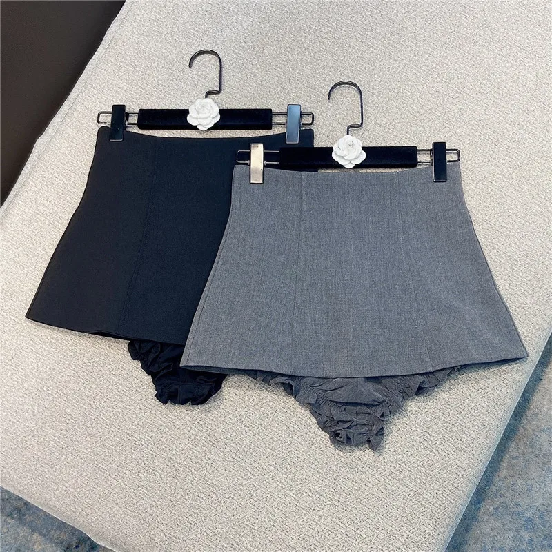 Sexy Grey Shorts Women 2023 Summer New Inner Lace Shaping Leg Solid Color Zipper High Waist Suit Pantskirt Lady Black Short