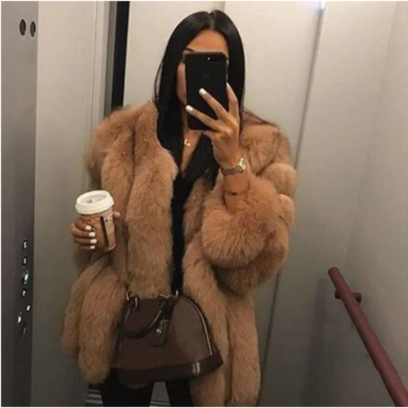 Women's Faux Fox Fur Coat Mid Length Fur Long Sleeves Jacket 2022 New Elegant Fashion Winter Streetwear Jacket For Ladies