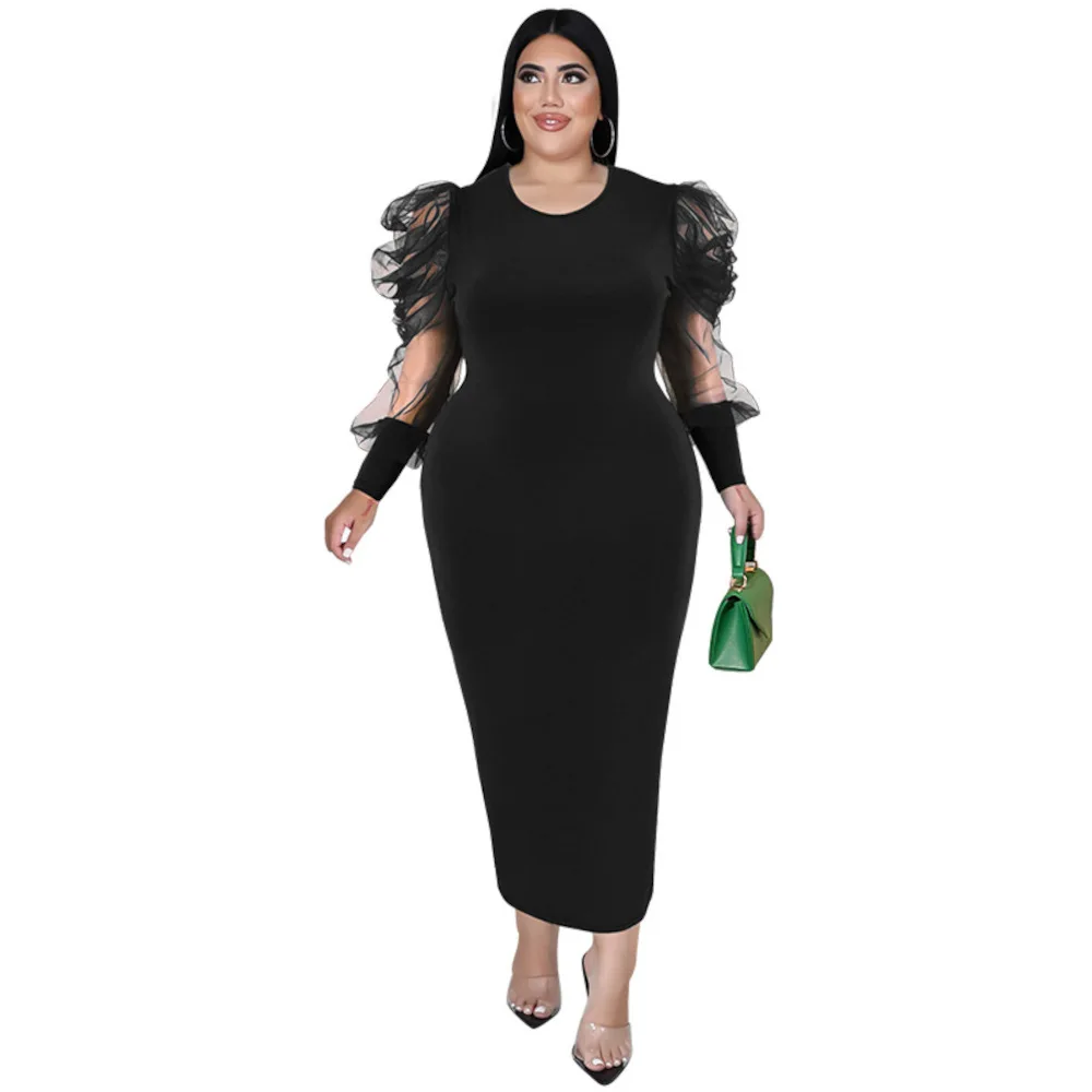 

Big Beautiful Women Long Dress Female Elegant Robe Girl's Party Vestidos Mesh Patchwork Long Sleeve Lady's Plus Size Dress