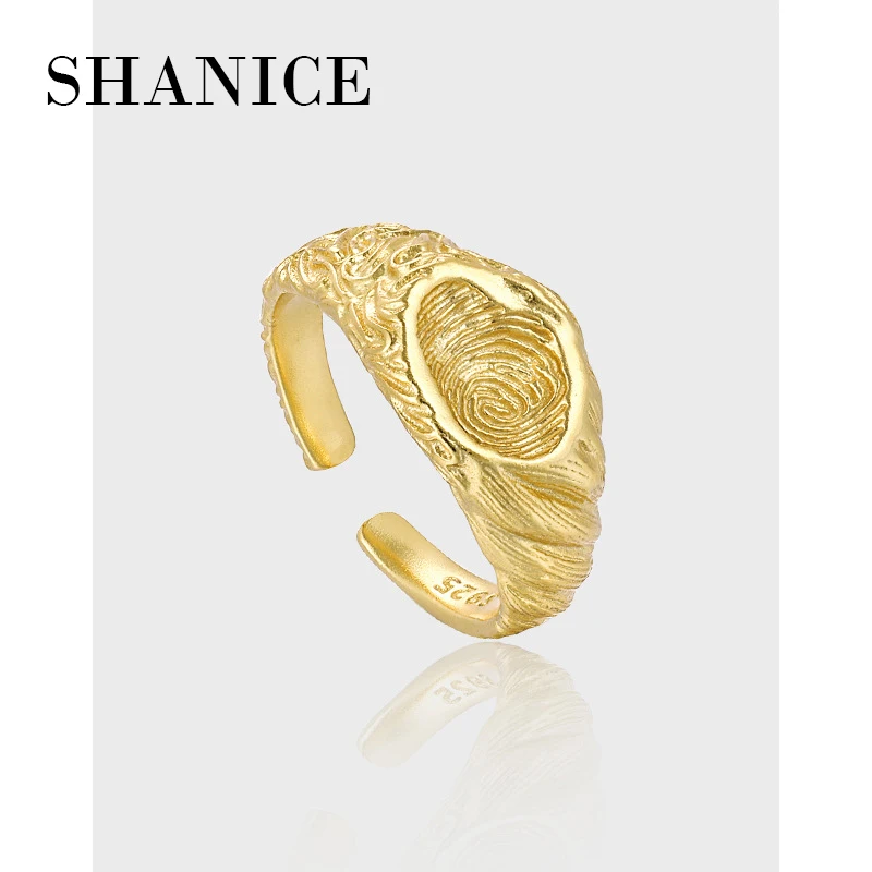 

SHANICE Korean Personalized Irregular Retro Concave Fingerprint Design S925 Sterling Silver Open Ring Valentine's Day Gift