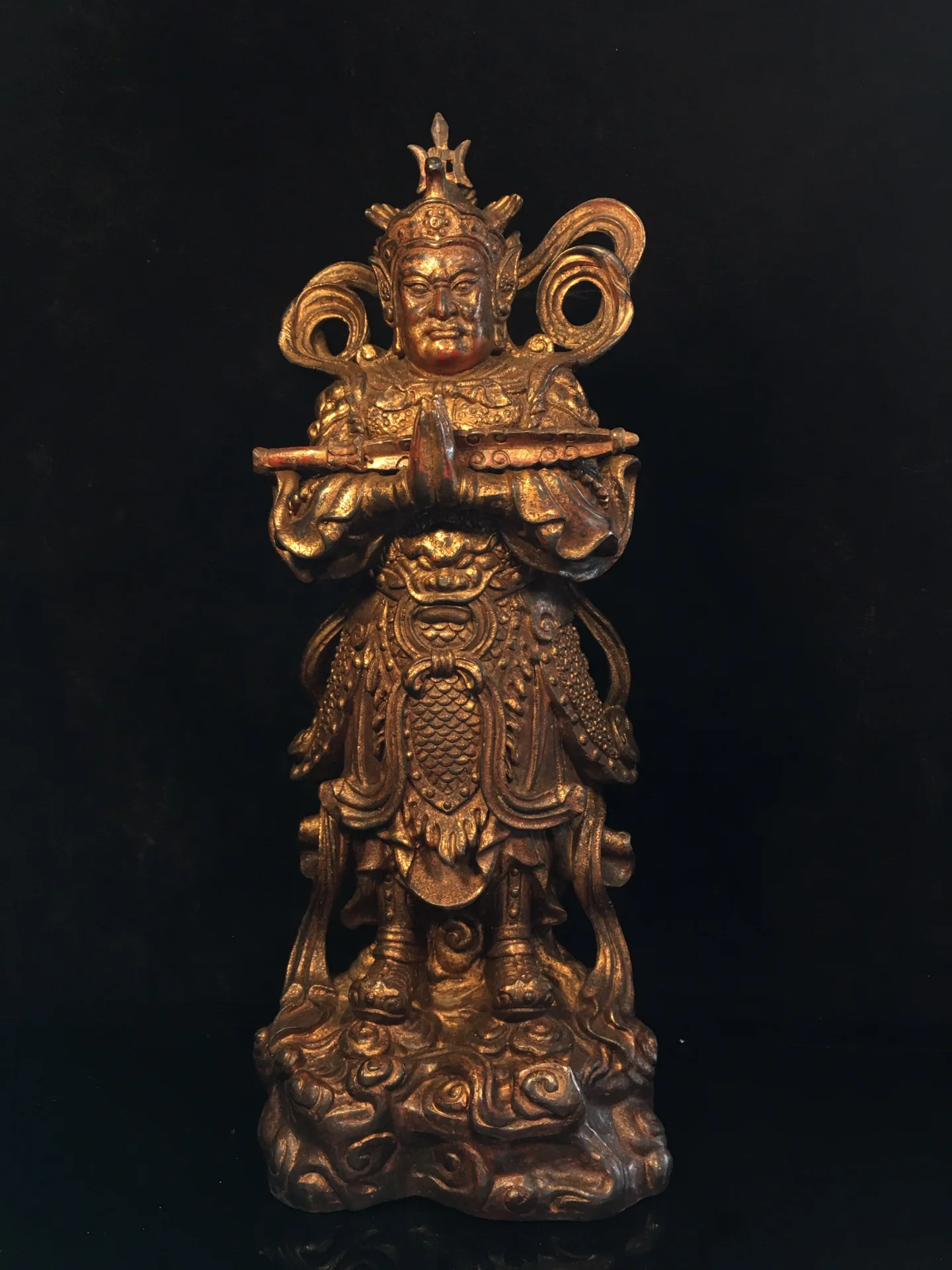 

16"Tibet Temple Collection Old Bronze Gilding Cinnabar Veda Bodhisattva Door-God Dharmapala Worship Hall Town house Exorcism