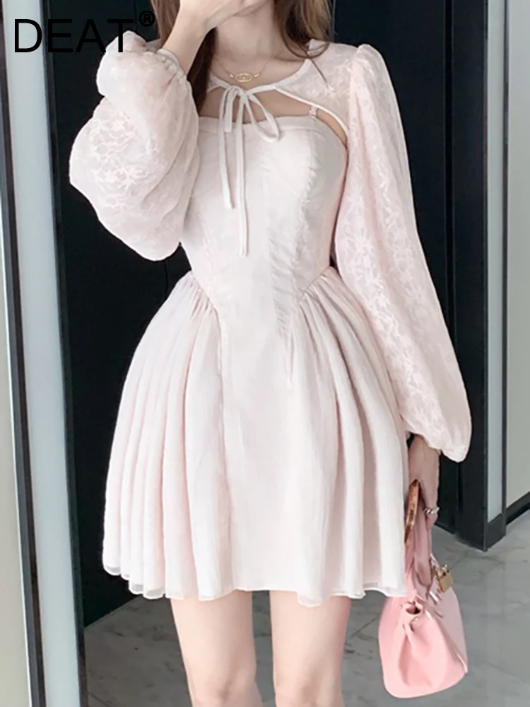 

[DEAT] Women's 2 Pcs Set O-neck Long Sleeve Short Top High Waist Patchwork Pleat Solid Color Skirt Suit Spring 2023 New 13DB1751