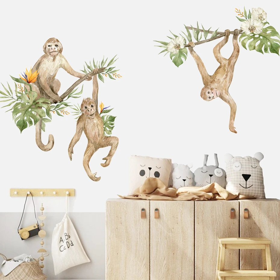 

Monkeys Animals Tropical Floral Watercolor Wall Sticker Nursery Vinyl Removable Wall Decals Mural Kids Room Playroom Home Decor