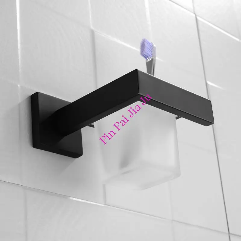 

Bathroom Wall Mounted Glass Toothpaste Cup Holder Stainless Steel Accessories Matt Black Toothbrush Holder Tumbler Cup for