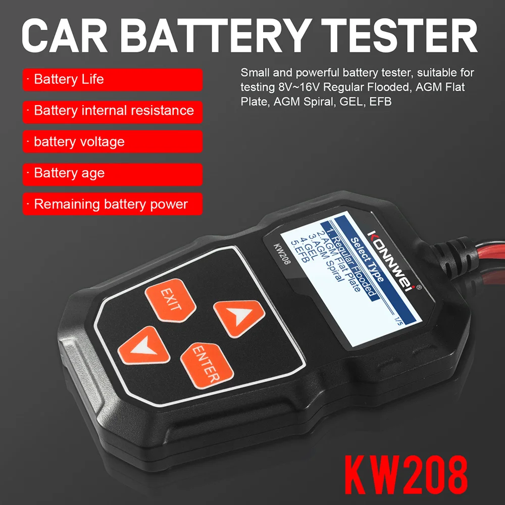 

Car Battery Tester KW208 12V Car Battery Diagnostic Tester 100-1100CCA Auto Cranking and Charging System Test Diagnostic Tool
