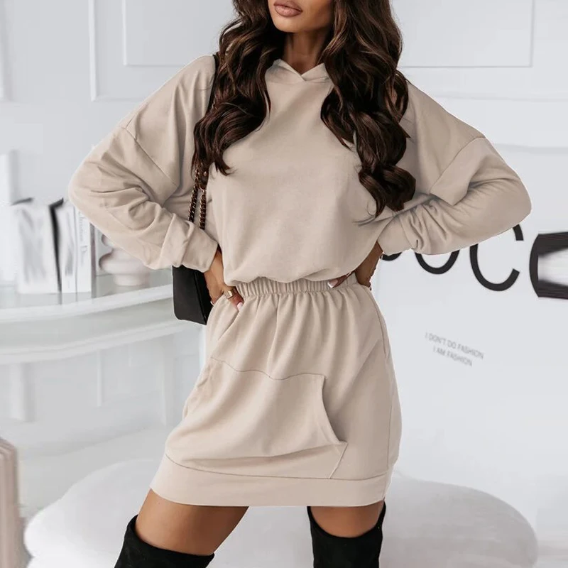 

Women Solid Simple Hooded Sweatshirt Dress Spring Elastic Waist Front Pocket Pullovers Dress Autumn Long Sleeve Straight Dresses