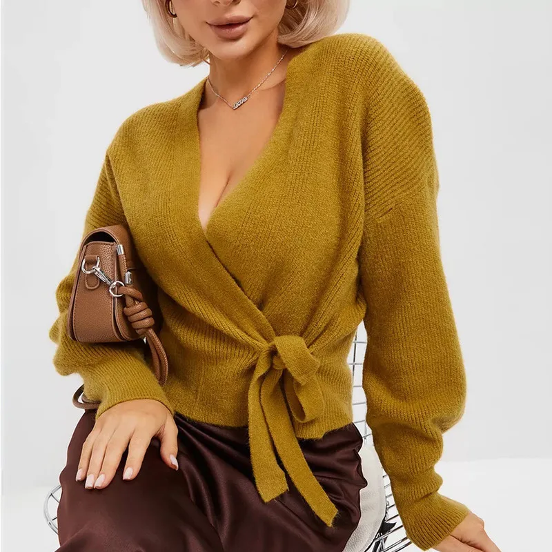 WD Женский вязаный кардиган с v-образным вырезом и завязками приталенный свитер