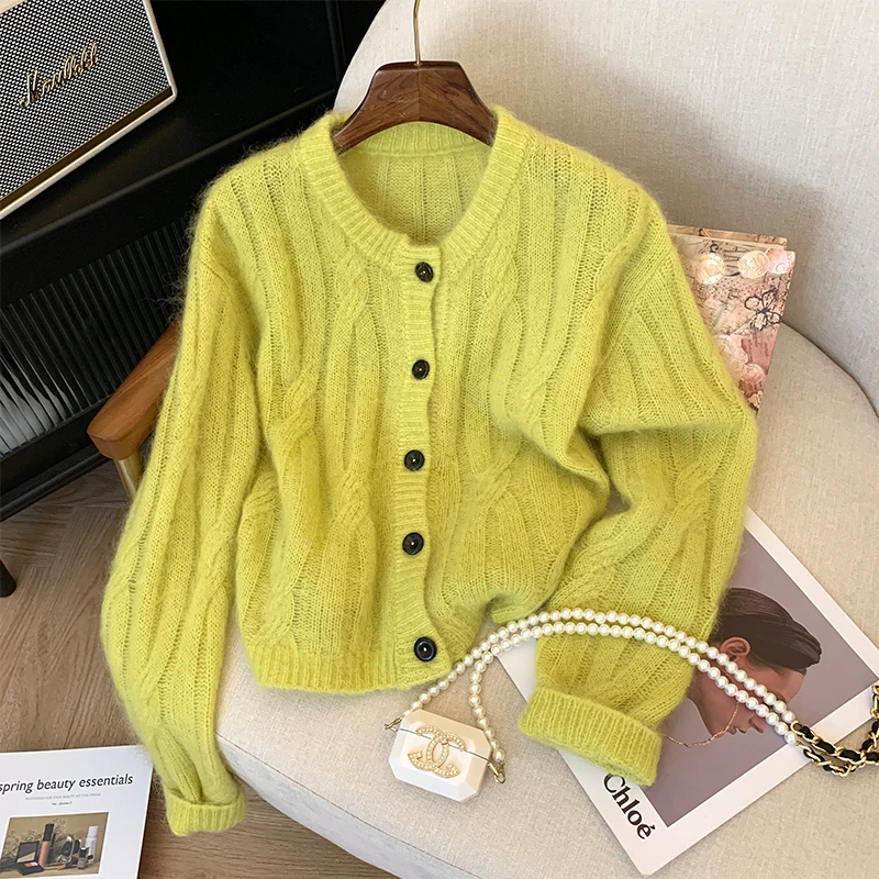 

Limiguyue Loose Green Wool Cashmere Mohair Sweater Jacket O-Neck Sweet Soft Twist Knit Cardigan Women Winter Autumn Jumper E206