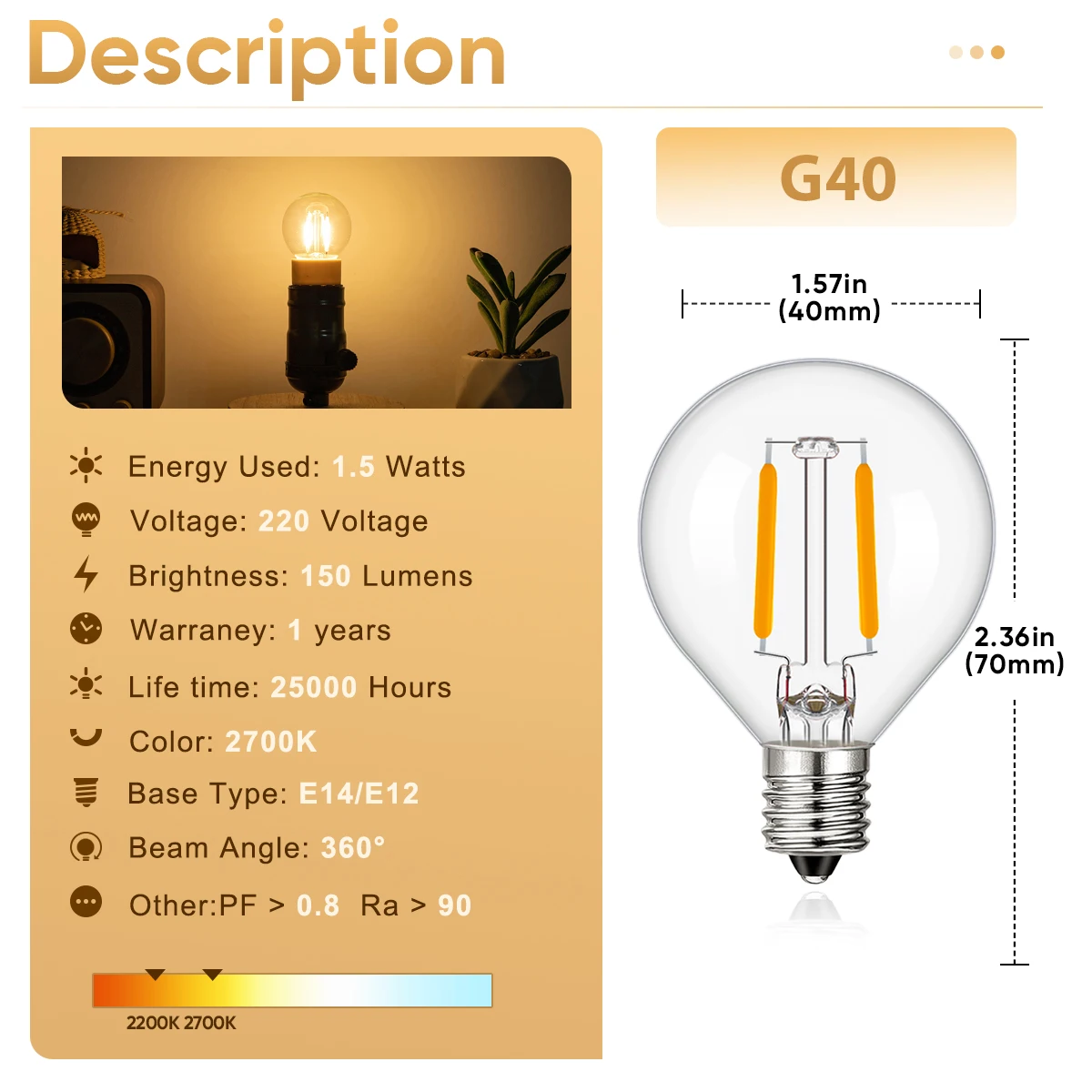 Фото Лампочка 6PCS Globe G40 Led E12 E14 220V 1.5W с регулируемым светом накаливания заменяет лампы для внутренней и внешней свадебной вечеринки №3