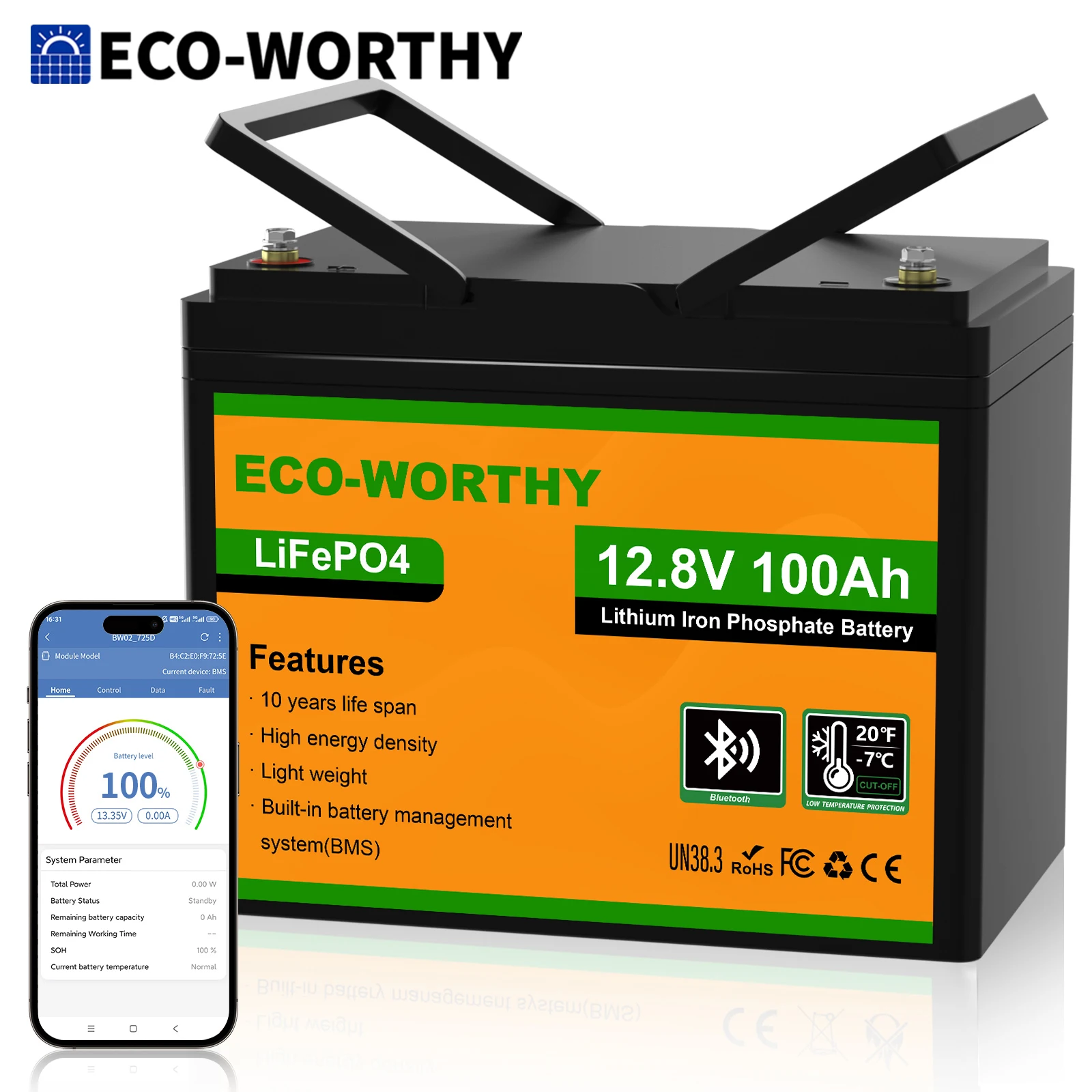 ECO-WORTHY LiFePO4 100Ah Bluetooth, Lithium Battery 12 V 100 Ah with BMS Low Temperature Protection and Max for solar panel