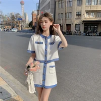 2022 women korean ins luxury fashion two piece set summer color contrast top jacket high waist skirt suit casual 2 piece set