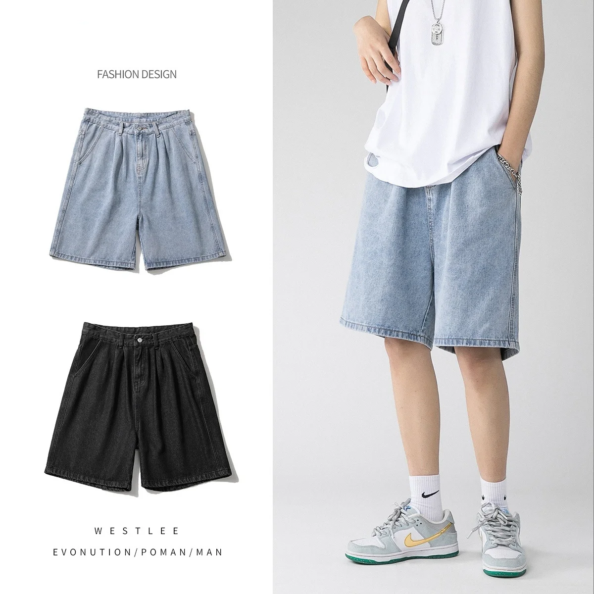 

Wide Le Bay Denim Sorts Men Summer Tin Solid Color Casual Loose Simple Knee-lent Five-point Pants Male Jeans Sorts