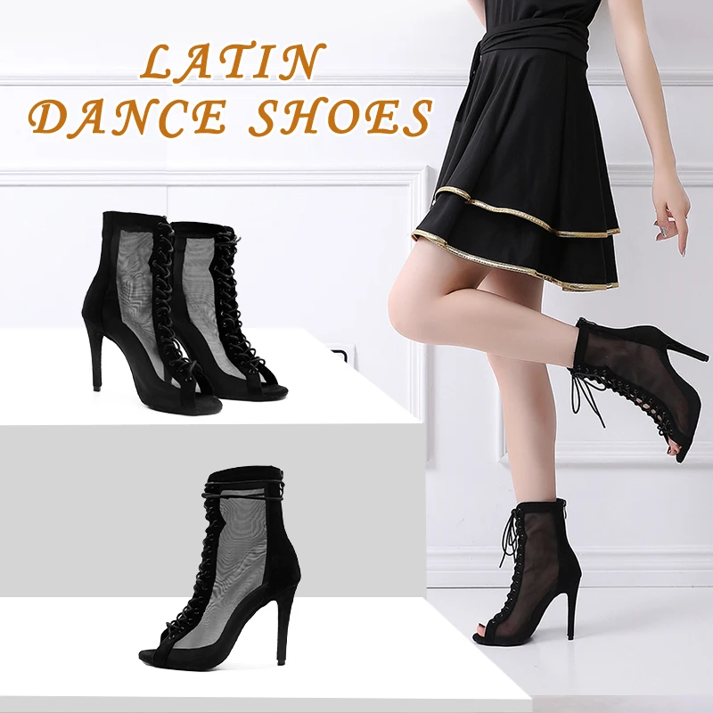 Hipposeus Black Latin Dance Shoes Woman Ladies High Heels Tansparent Mesh Kizomba Bachata Stage Performance  Soft Bottom Party