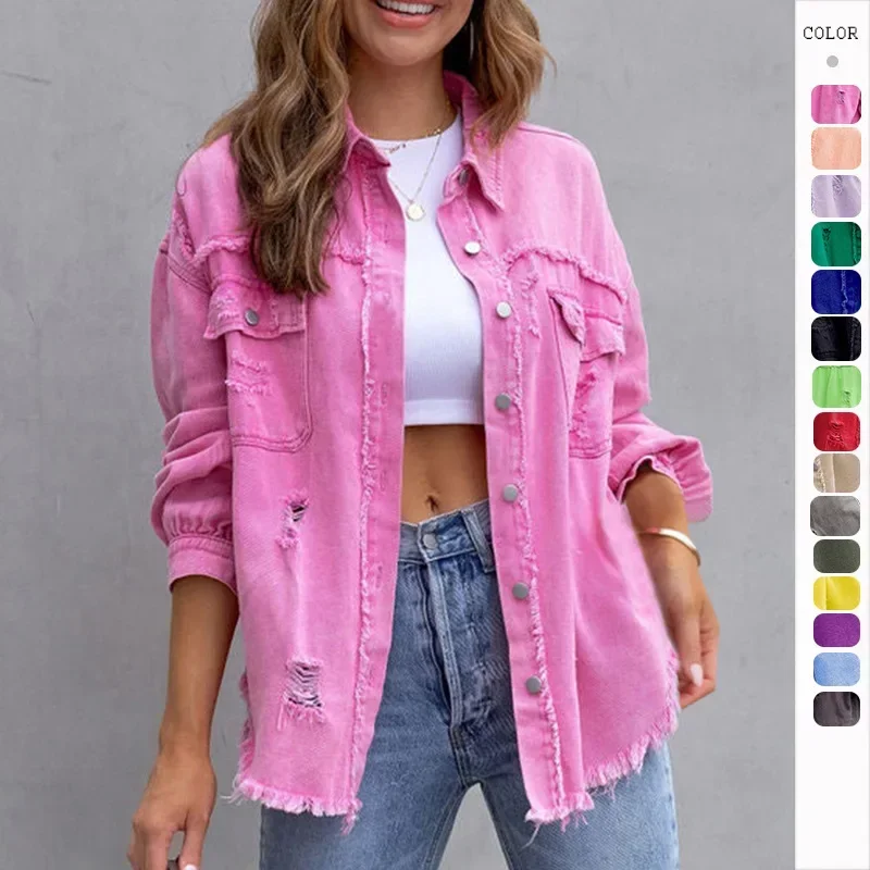 2024 Holes Raw-edges Denim Jacket Women Spring Autumn Shirt Style Jeancoat Casual Top Rose-Red Orange Purple Outerwear Lady Coat