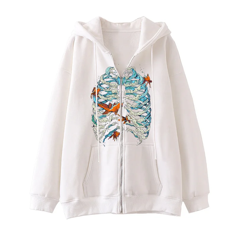 

Y2K Street Women's Hoodie Gothic Vintage Skeleton Printing Zipper Sweatshirt Coat Couple Casual Fashion Jacket