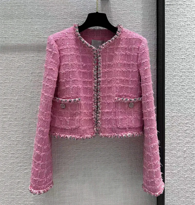 

European and American women's dress 2023 summer new style Crew neck long sleeve pocket fashion Knit tweed coat
