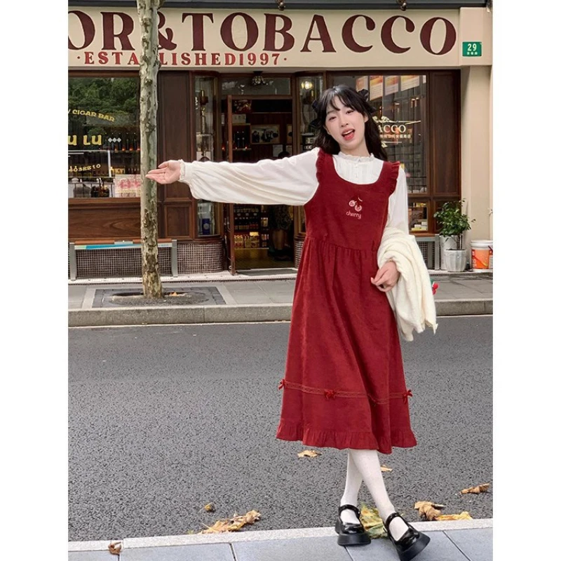 

Autumn Japanese Girls Sweet Vintage Lolita Jsk Dress Women Cute Bow Cherry Embroidered Small Flying Sleeve Red Strap Dresses