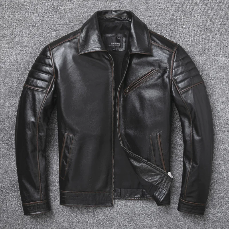 

YR!Free shipping.Sales Vintage brown motor rider cowhide coat.men popular slim genuine leather jacket.Plus size.Dermis кожа