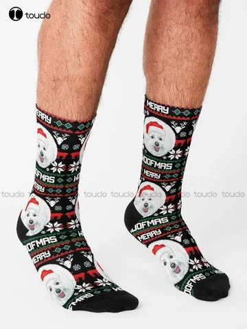 Бишон Фризе Merry Woofmas Рождественские подарочные носки для собак Носки для бега Модные носки для отдыха Забавное искусство Абстрактная живопись маслом
