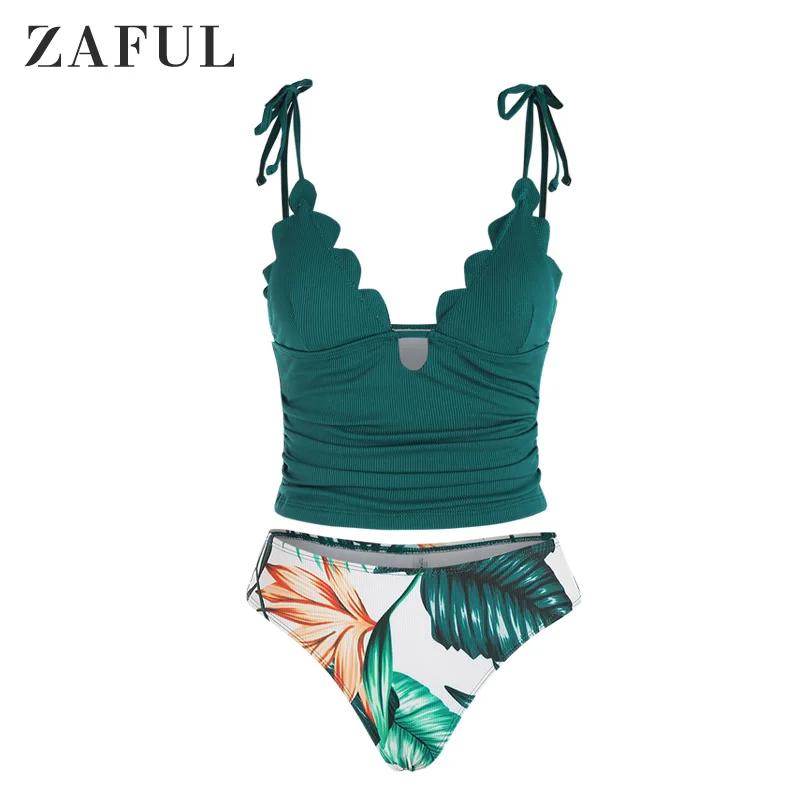 

ZAFUL Ribbed Scalloped Ruched Tropical Print Tankini Swimwear