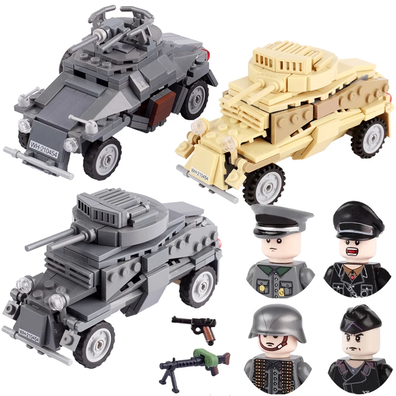 

MOC Military Tank SD.KFZ 222 Armored Car Building Block WW2 German Soldier Vehicle Model Weapon Parts Army Mini Bricks Toys Gift